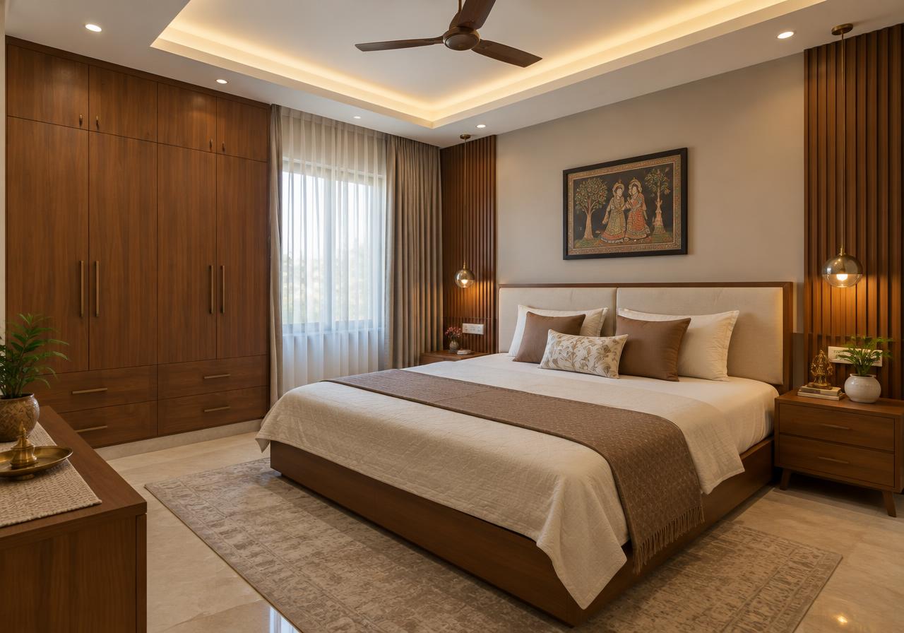 Master bedroom with cove lighting and wardrobe