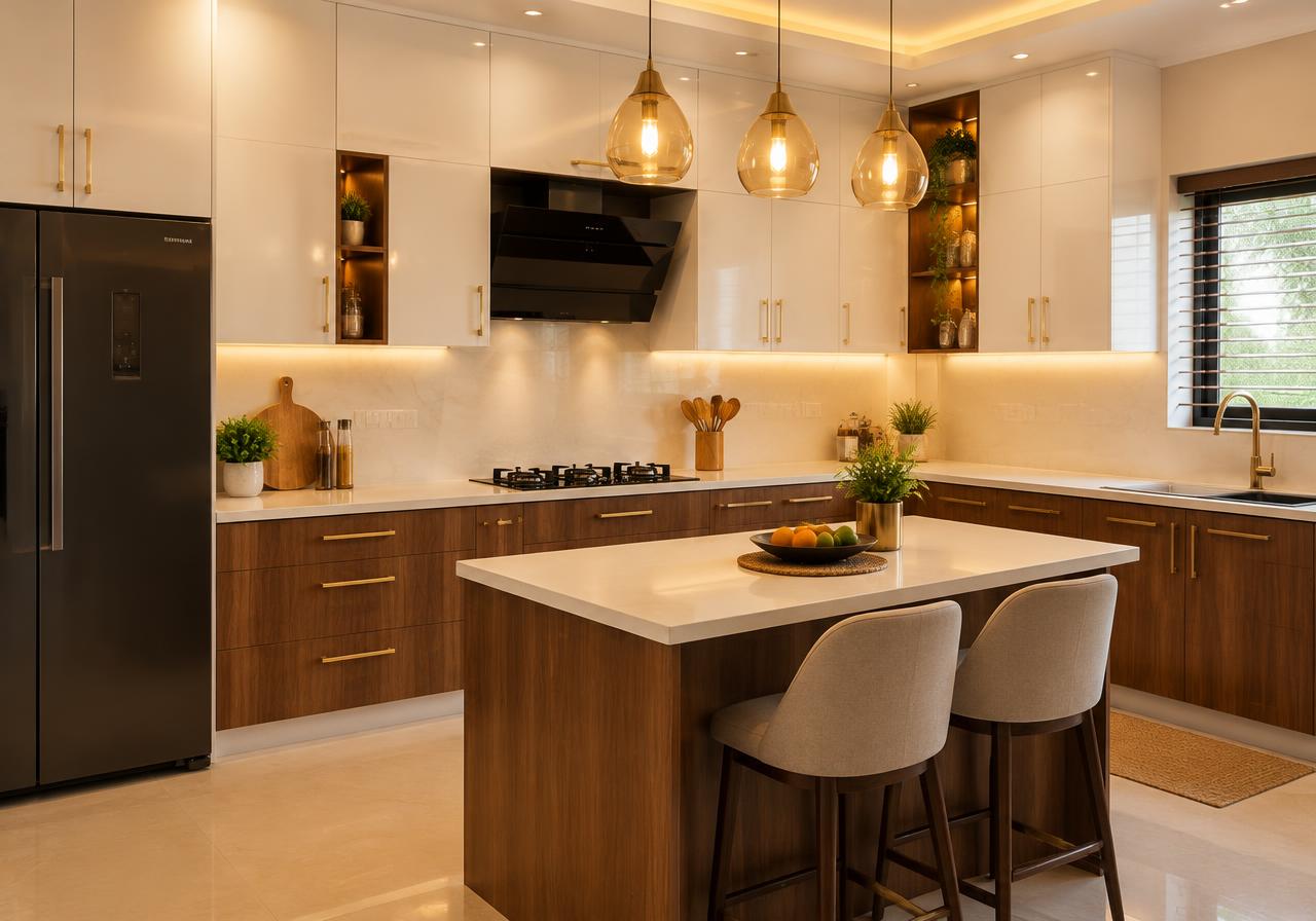 Modular kitchen with walnut and white cabinets